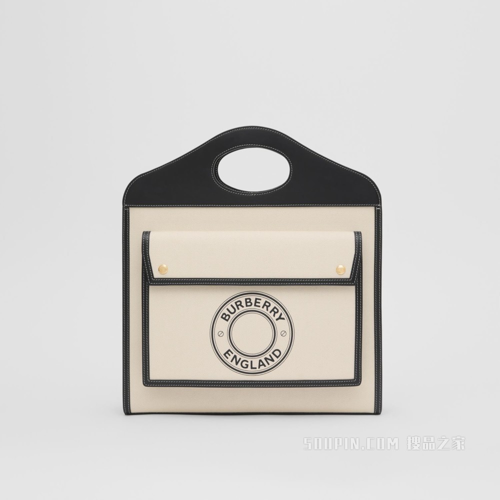 中号徽标图案帆布拼皮革口袋包 (自然色 / 黑色) - 女士