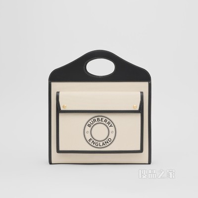 中号徽标图案帆布拼皮革口袋包 (自然色 / 黑色) - 女士