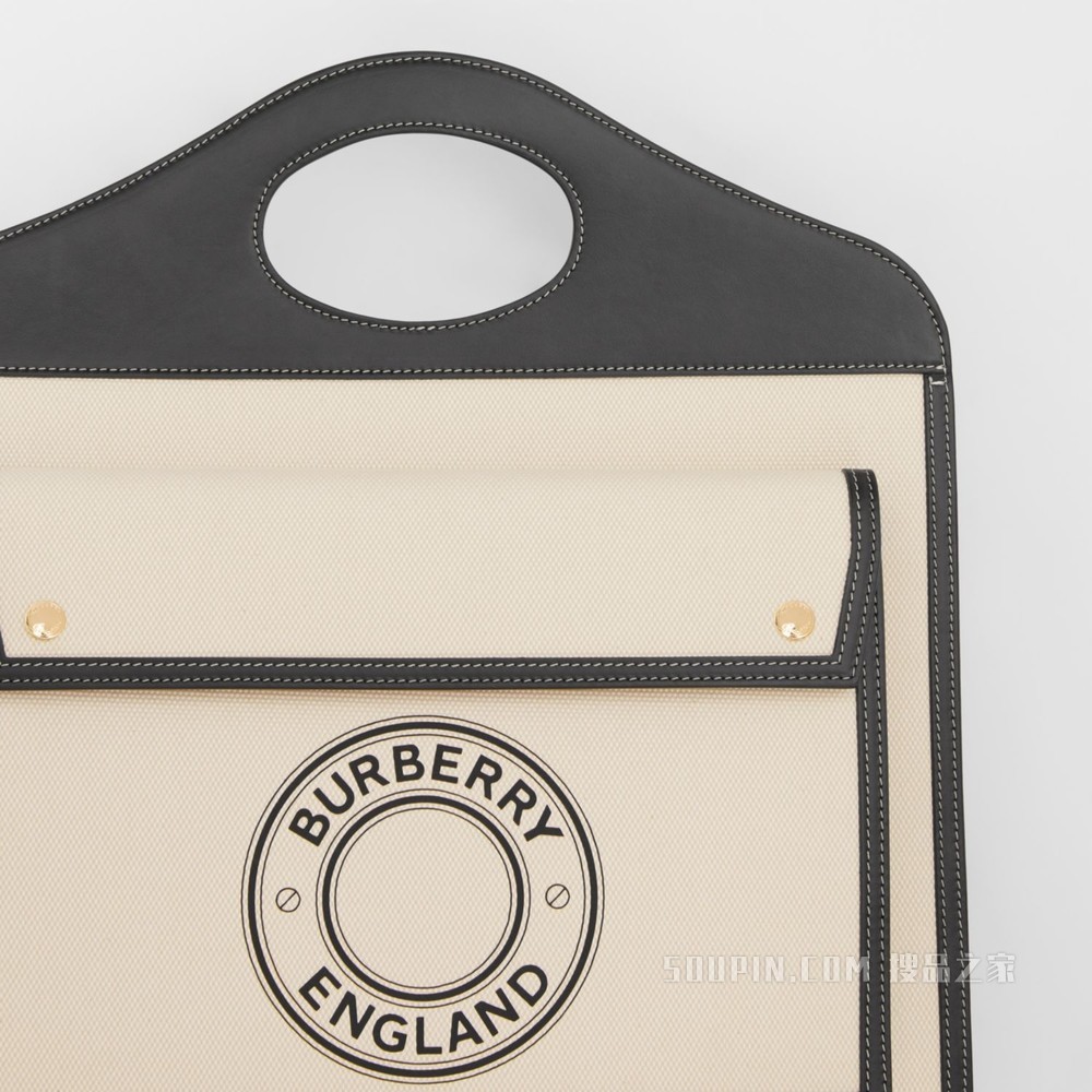 中号徽标图案帆布拼皮革口袋包 (自然色 / 黑色) - 女士