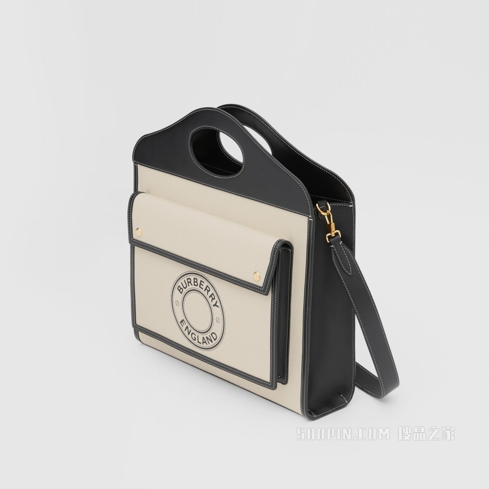 中号徽标图案帆布拼皮革口袋包 (自然色 / 黑色) - 女士