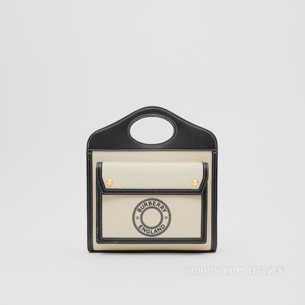 迷你徽标图案帆布拼皮革口袋包 (自然色 / 黑色) - 女士