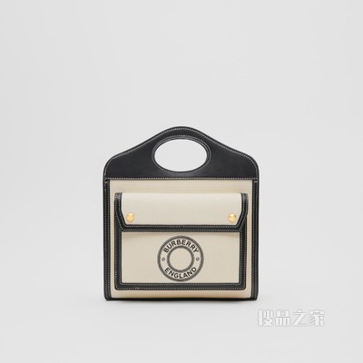 迷你徽标图案帆布拼皮革口袋包 (自然色 / 黑色) - 女士