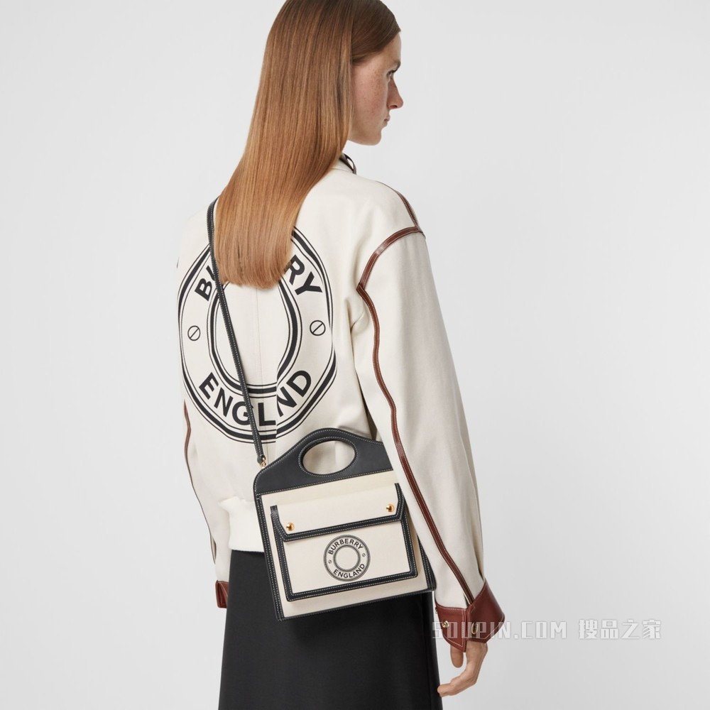 迷你徽标图案帆布拼皮革口袋包 (自然色 / 黑色) - 女士