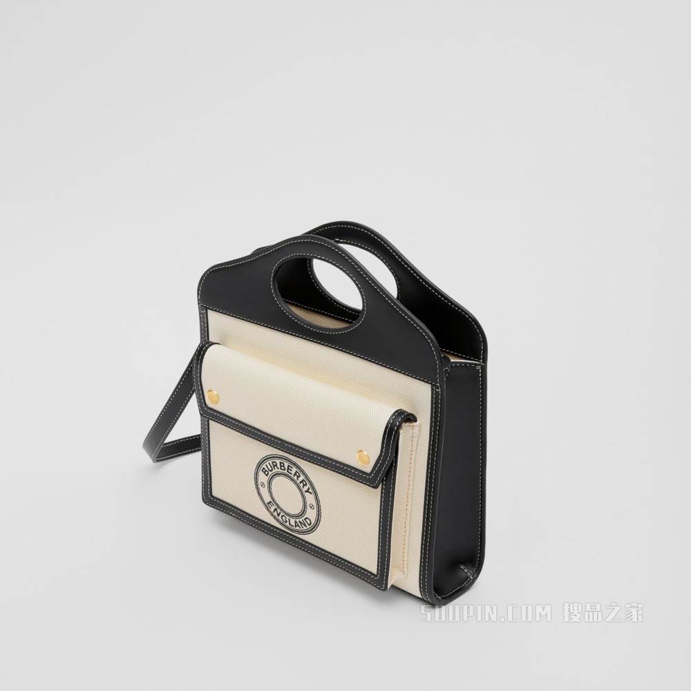 迷你徽标图案帆布拼皮革口袋包 (自然色 / 黑色) - 女士