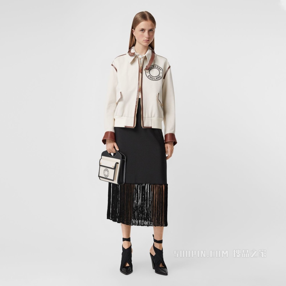 迷你徽标图案帆布拼皮革口袋包 (自然色 / 黑色) - 女士