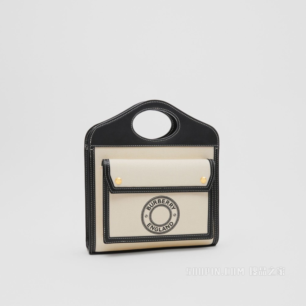 迷你徽标图案帆布拼皮革口袋包 (自然色 / 黑色) - 女士