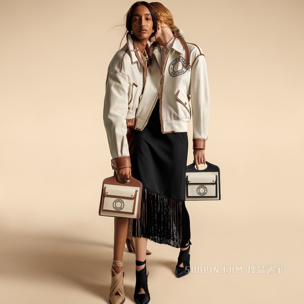 迷你徽标图案帆布拼皮革口袋包 (自然色 / 棕褐色) - 女士