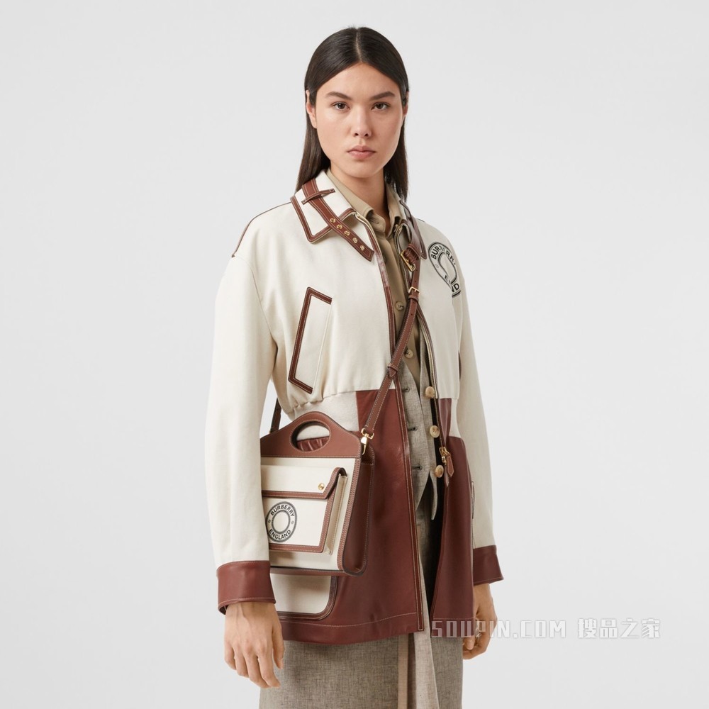 迷你徽标图案帆布拼皮革口袋包 (自然色 / 棕褐色) - 女士