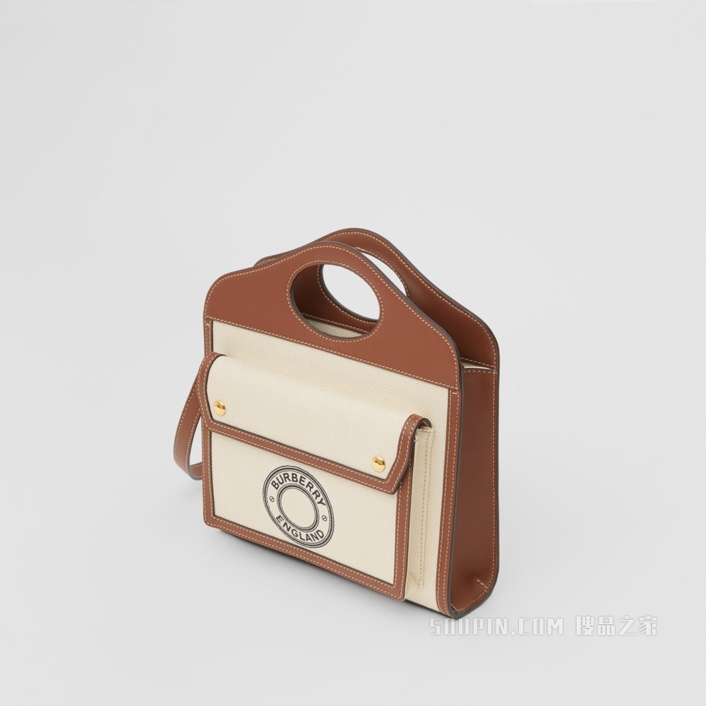 迷你徽标图案帆布拼皮革口袋包 (自然色 / 棕褐色) - 女士