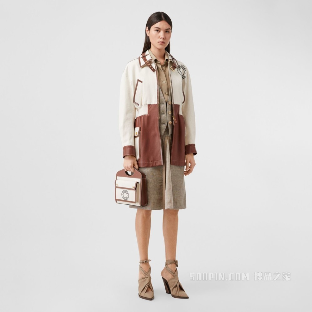 迷你徽标图案帆布拼皮革口袋包 (自然色 / 棕褐色) - 女士