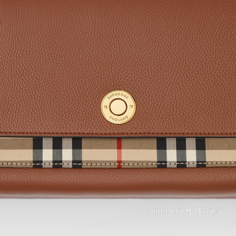 Vintage 格纹拼皮革 Note 斜背包 (棕褐色) - 女士