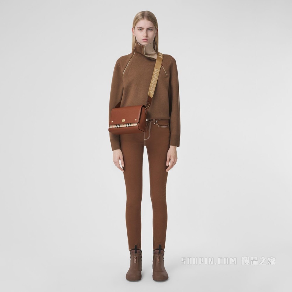 Vintage 格纹拼皮革 Note 斜背包 (棕褐色) - 女士