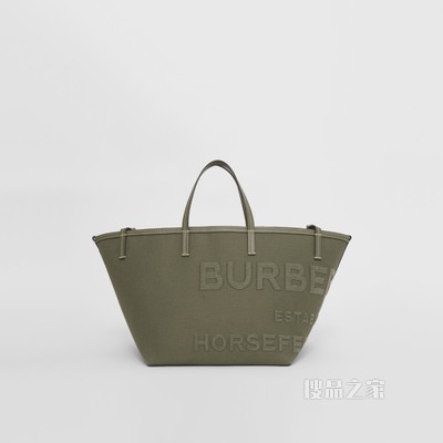 Beach Tote – 迷你 Horseferry 印花棉麻混纺帆布沙滩托特包 (深蕨绿色) - 女士