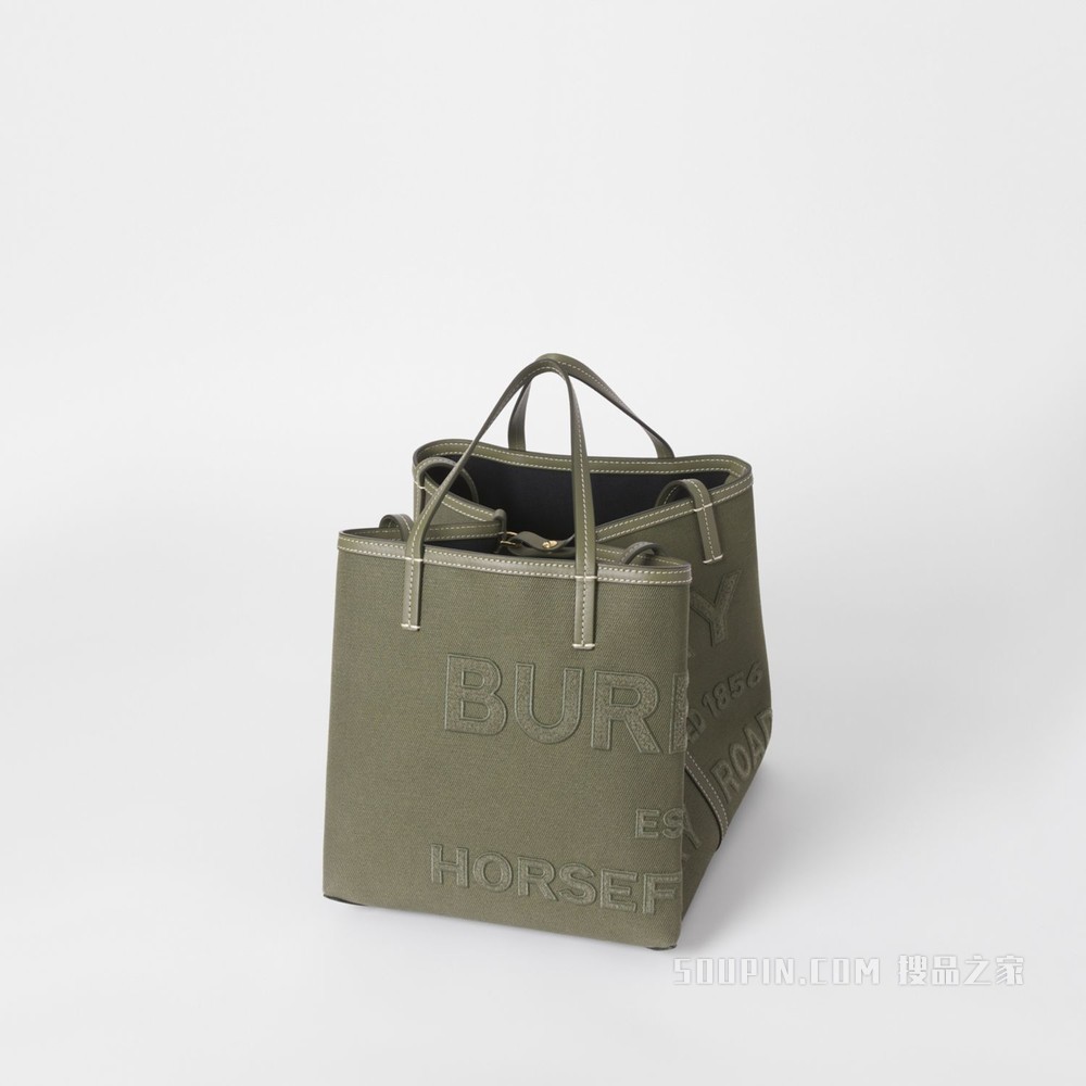 Beach Tote – 迷你 Horseferry 印花棉麻混纺帆布沙滩托特包 (深蕨绿色) - 女士