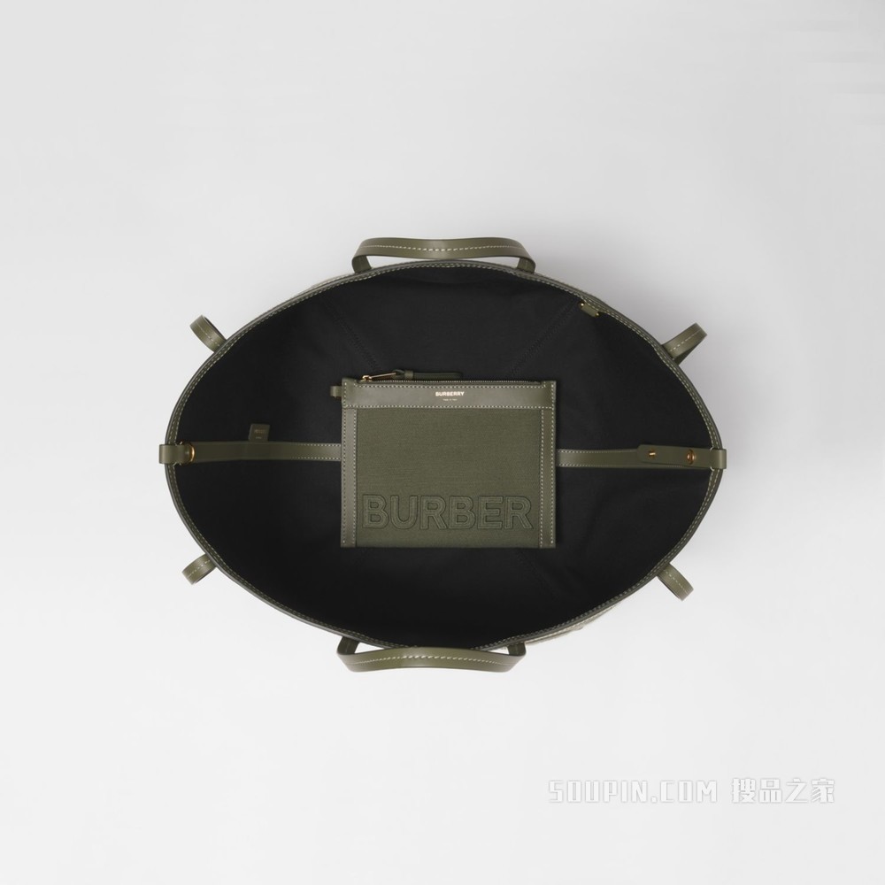 Beach Tote – 迷你 Horseferry 印花棉麻混纺帆布沙滩托特包 (深蕨绿色) - 女士