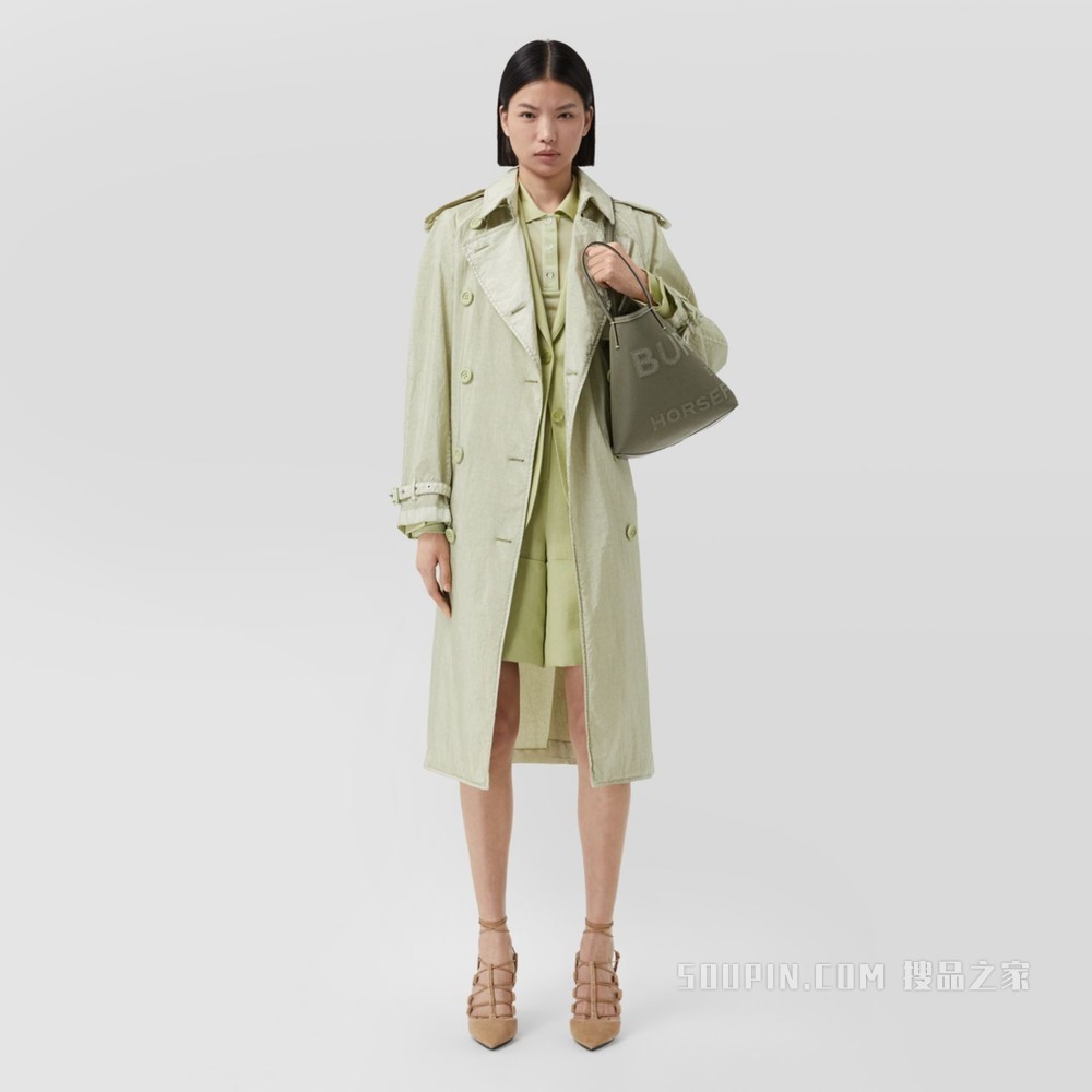 Beach Tote – 迷你 Horseferry 印花棉麻混纺帆布沙滩托特包 (深蕨绿色) - 女士