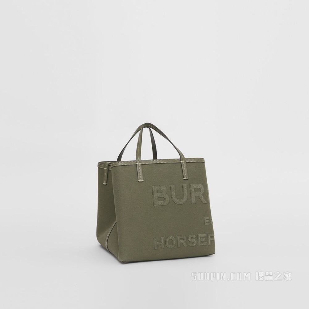 Beach Tote – 迷你 Horseferry 印花棉麻混纺帆布沙滩托特包 (深蕨绿色) - 女士