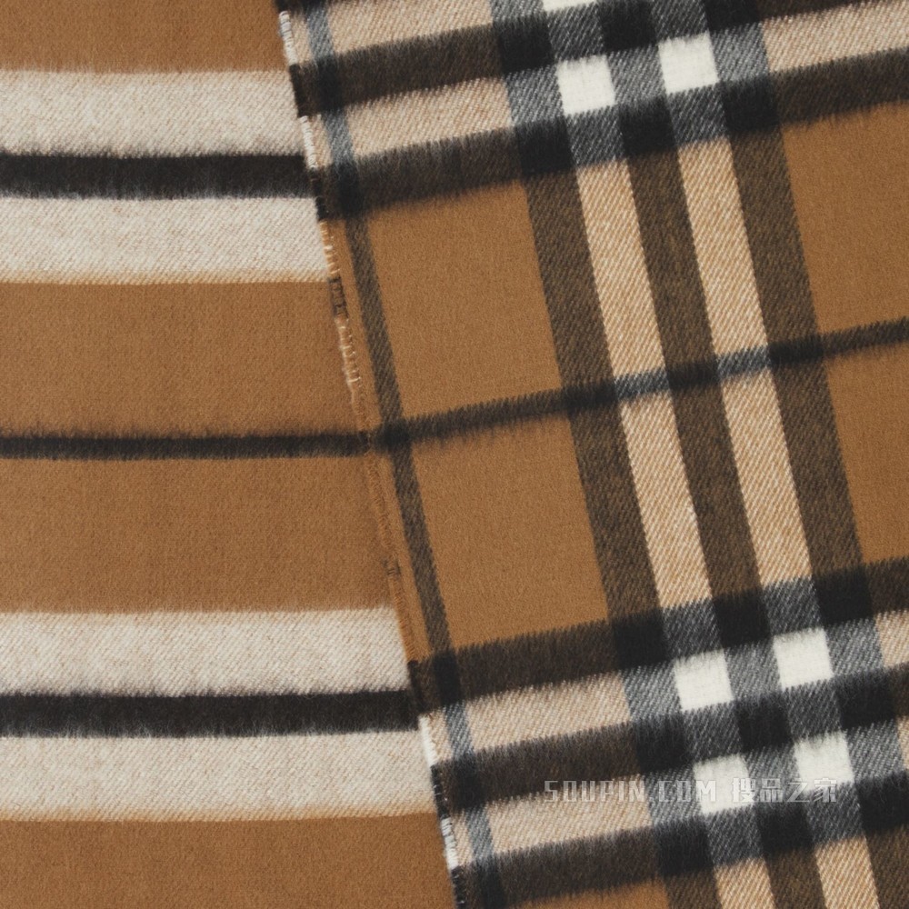 双面两用格纹拼条纹羊绒围巾 (暖胡桃色)