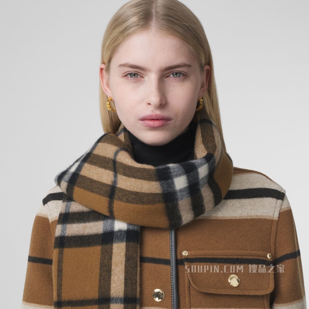 双面两用格纹拼条纹羊绒围巾 (暖胡桃色)