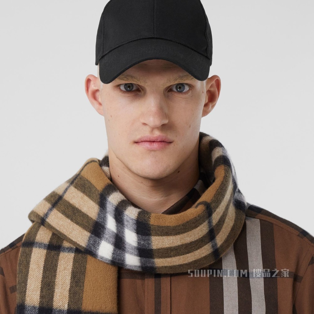 双面两用格纹拼条纹羊绒围巾 (暖胡桃色)