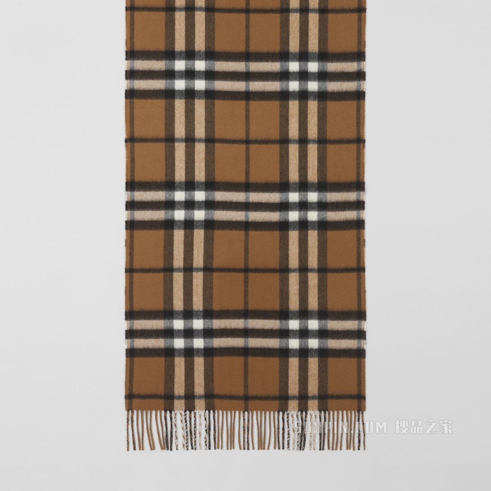 双面两用格纹拼条纹羊绒围巾 (暖胡桃色)