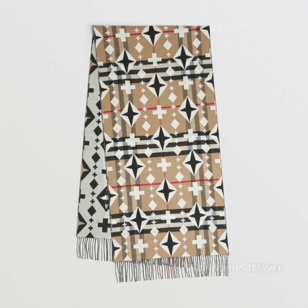 几何格纹提花羊绒围巾 (典藏米色 / 黑色 / 白色)