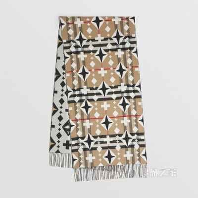 几何格纹提花羊绒围巾 (典藏米色 / 黑色 / 白色)