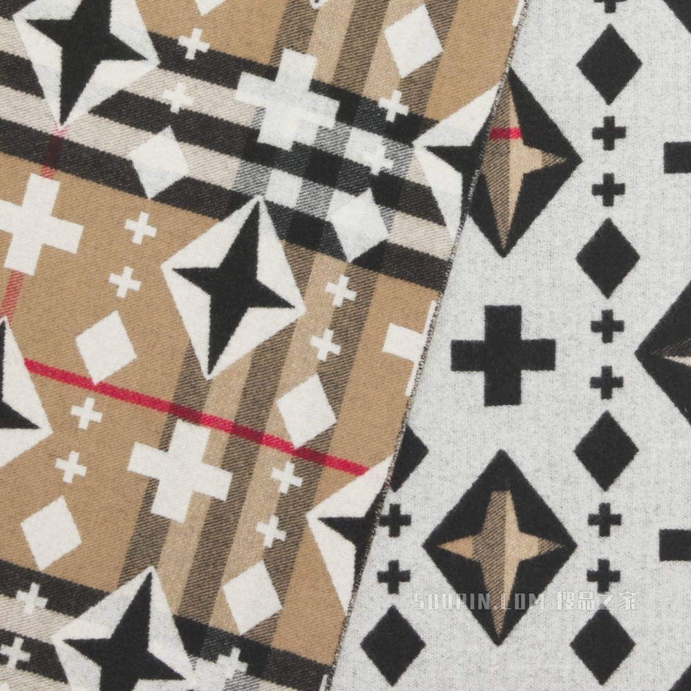 几何格纹提花羊绒围巾 (典藏米色 / 黑色 / 白色)