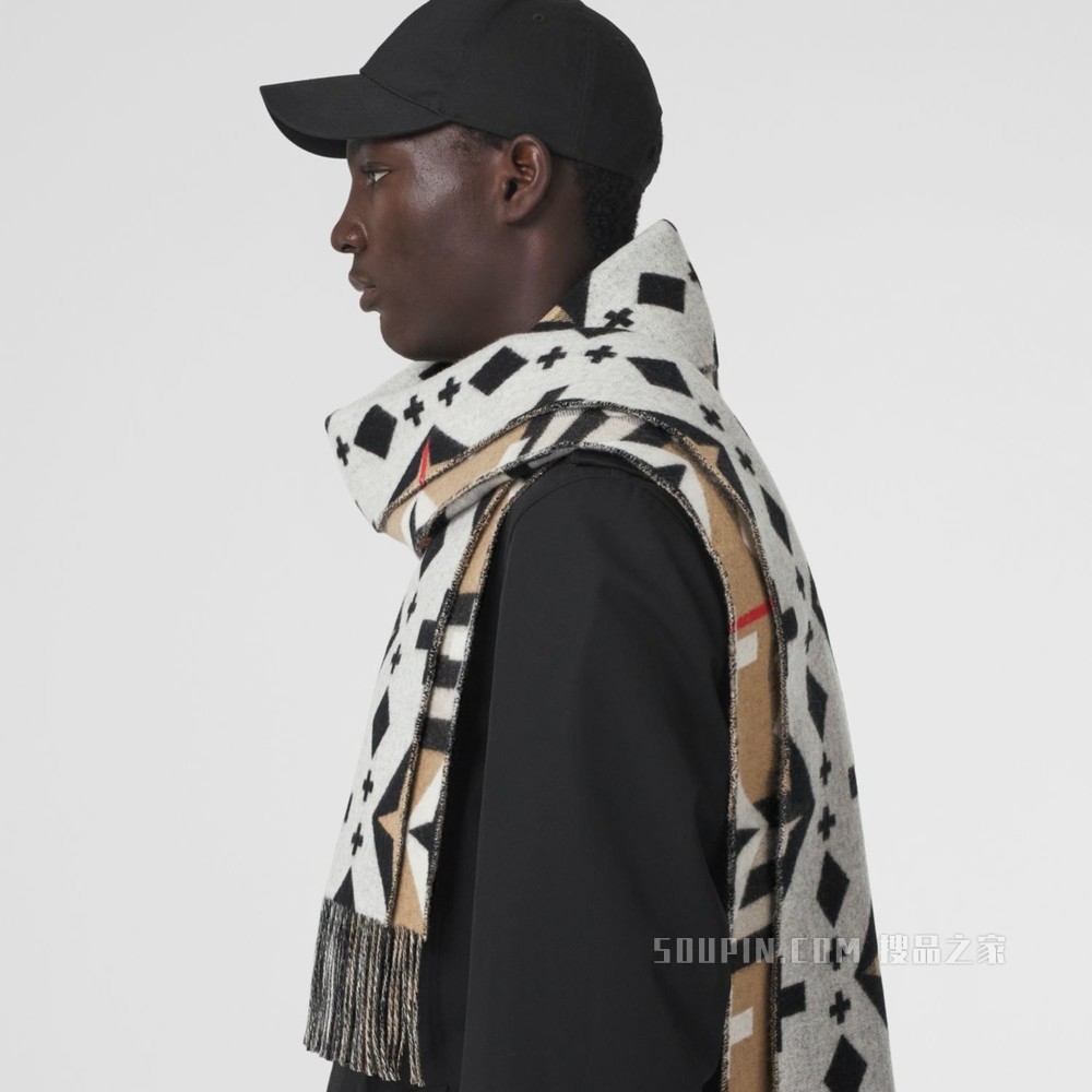 几何格纹提花羊绒围巾 (典藏米色 / 黑色 / 白色)