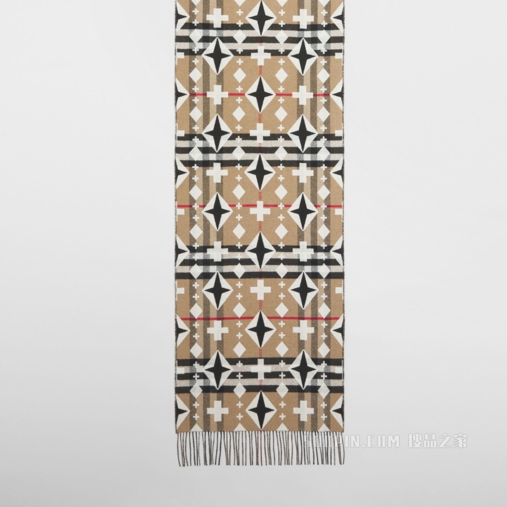 几何格纹提花羊绒围巾 (典藏米色 / 黑色 / 白色)