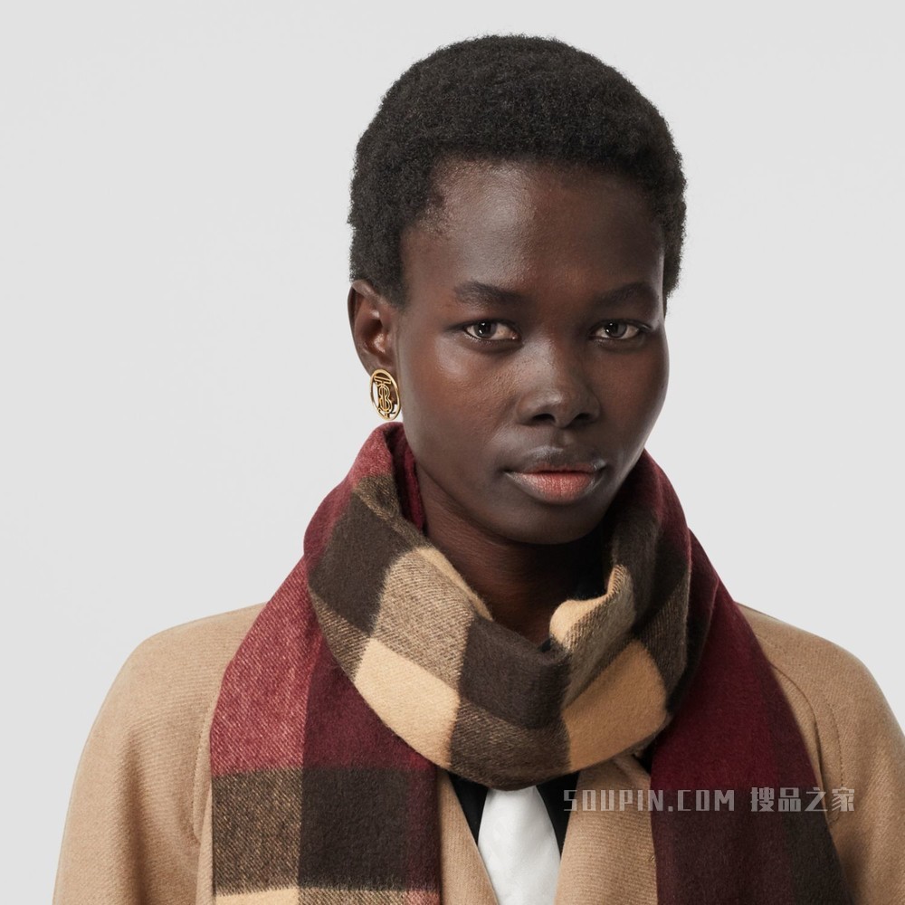 格纹羊绒围巾 (勃艮第酒红色)