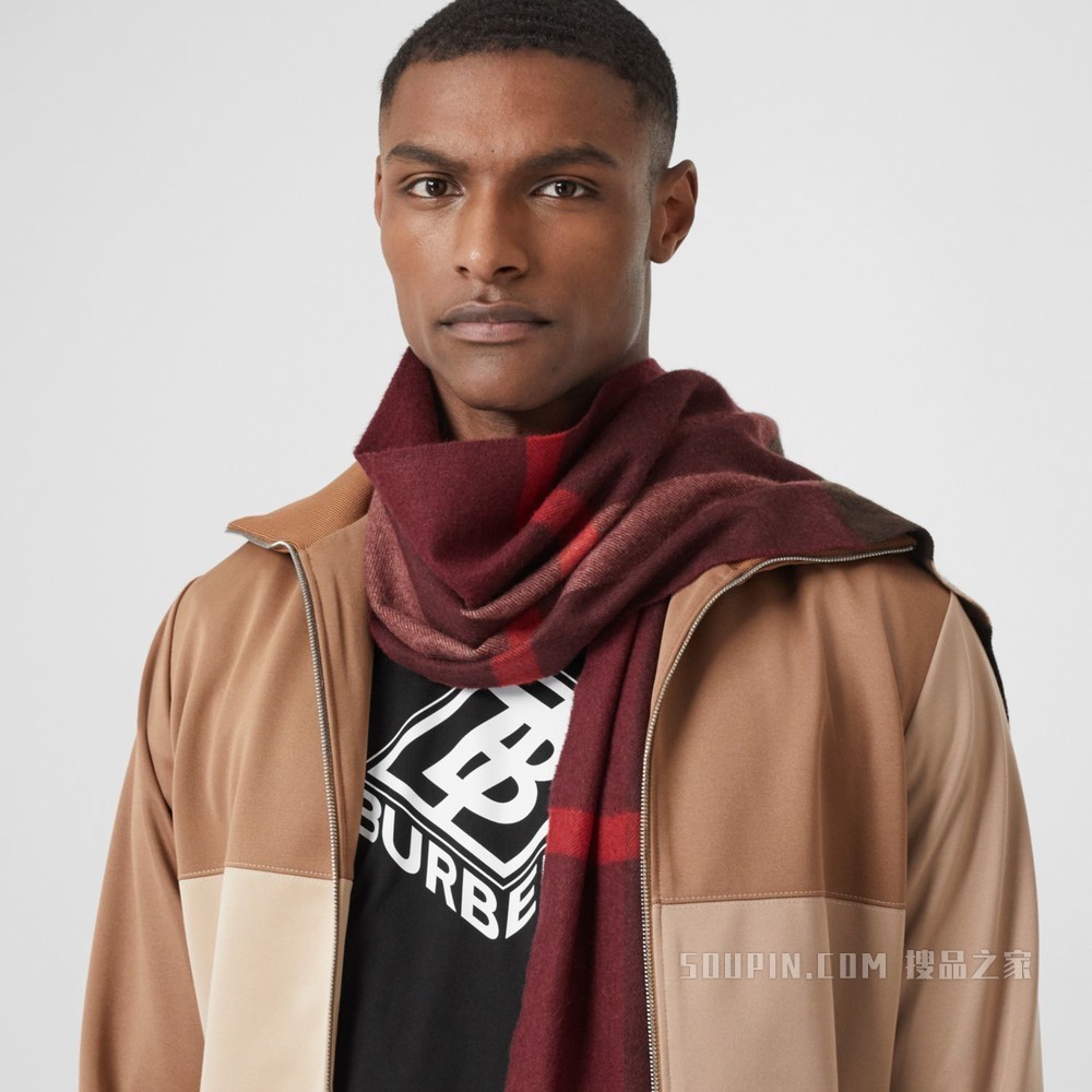 格纹羊绒围巾 (勃艮第酒红色)