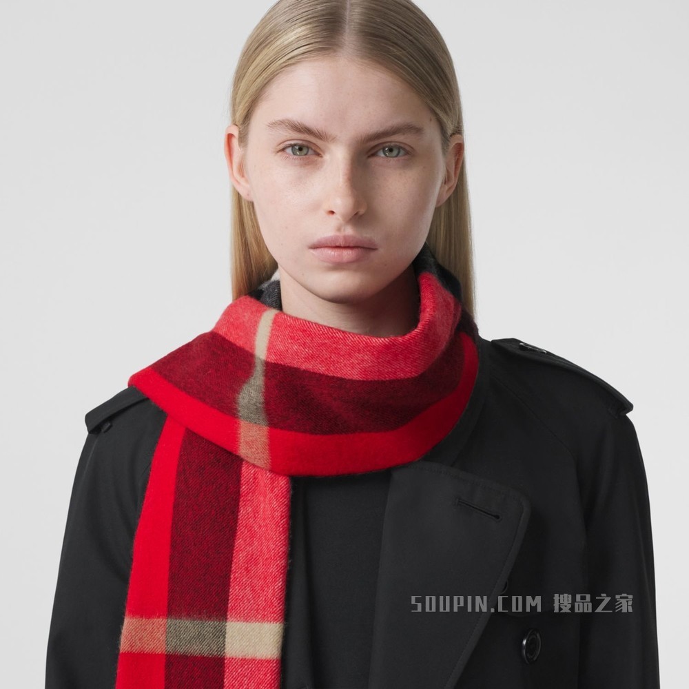 格纹羊绒围巾 (红色)