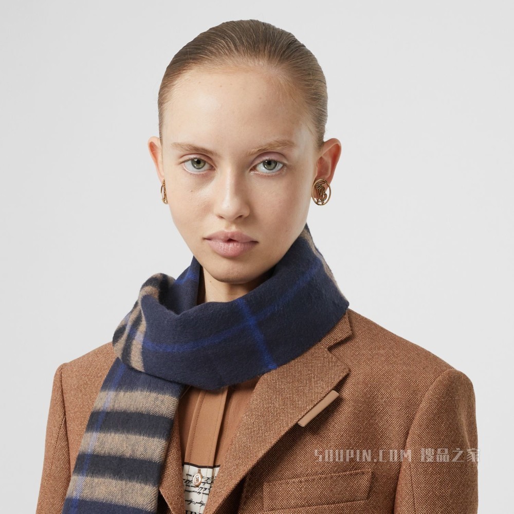 经典格纹羊绒围巾 (靛蓝 / 中调驼色)