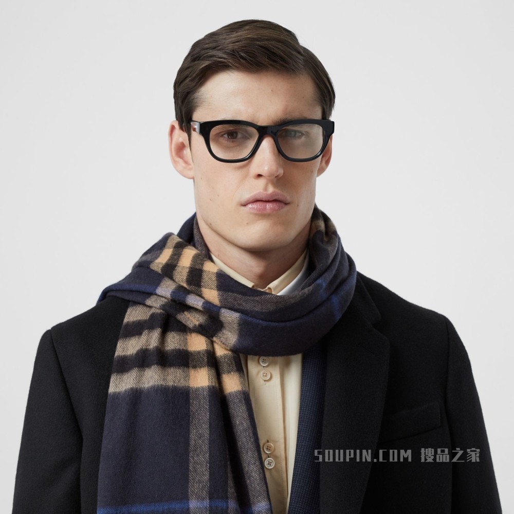 经典格纹羊绒围巾 (靛蓝 / 中调驼色)