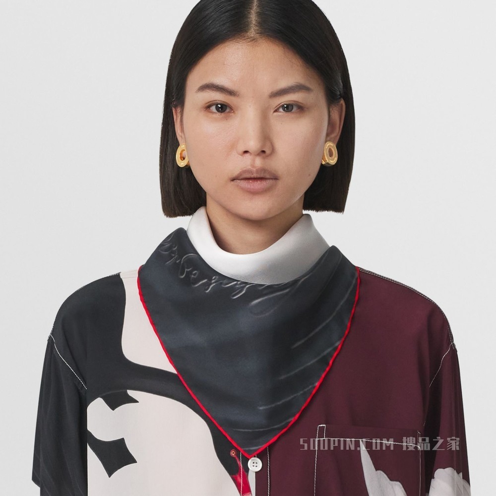 天鹅图案丝质方巾 (深栗色)
