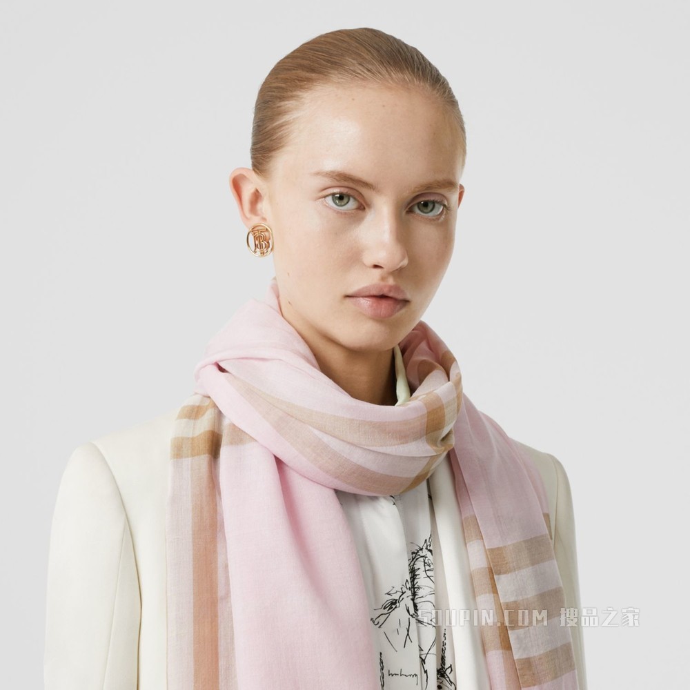 轻盈格纹丝毛混纺围巾 (雪花白)