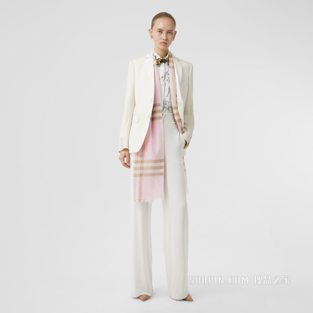 轻盈格纹丝毛混纺围巾 (雪花白)