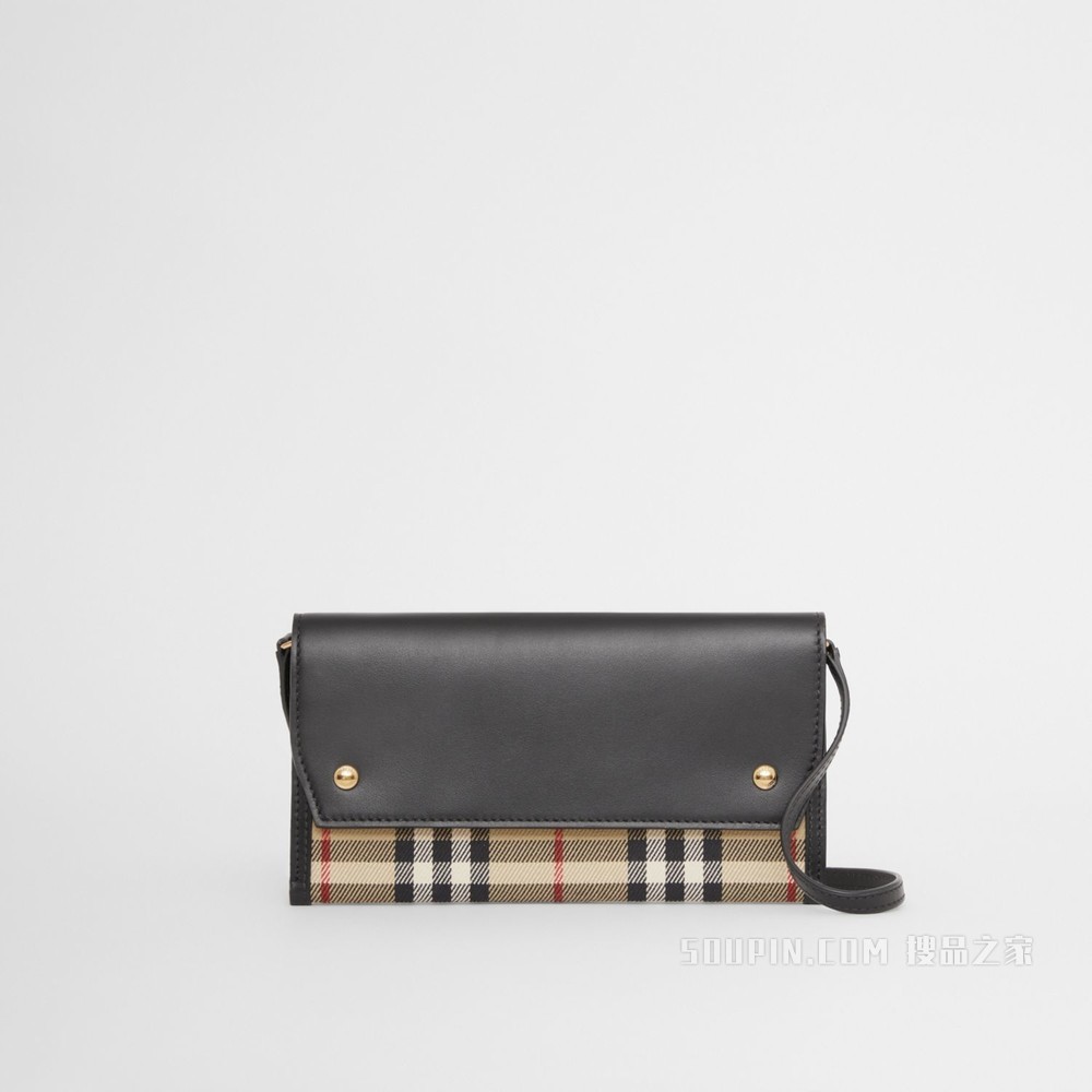 Vintage 格纹拼皮革手机保护套（含背带） (典藏米色) - 女士