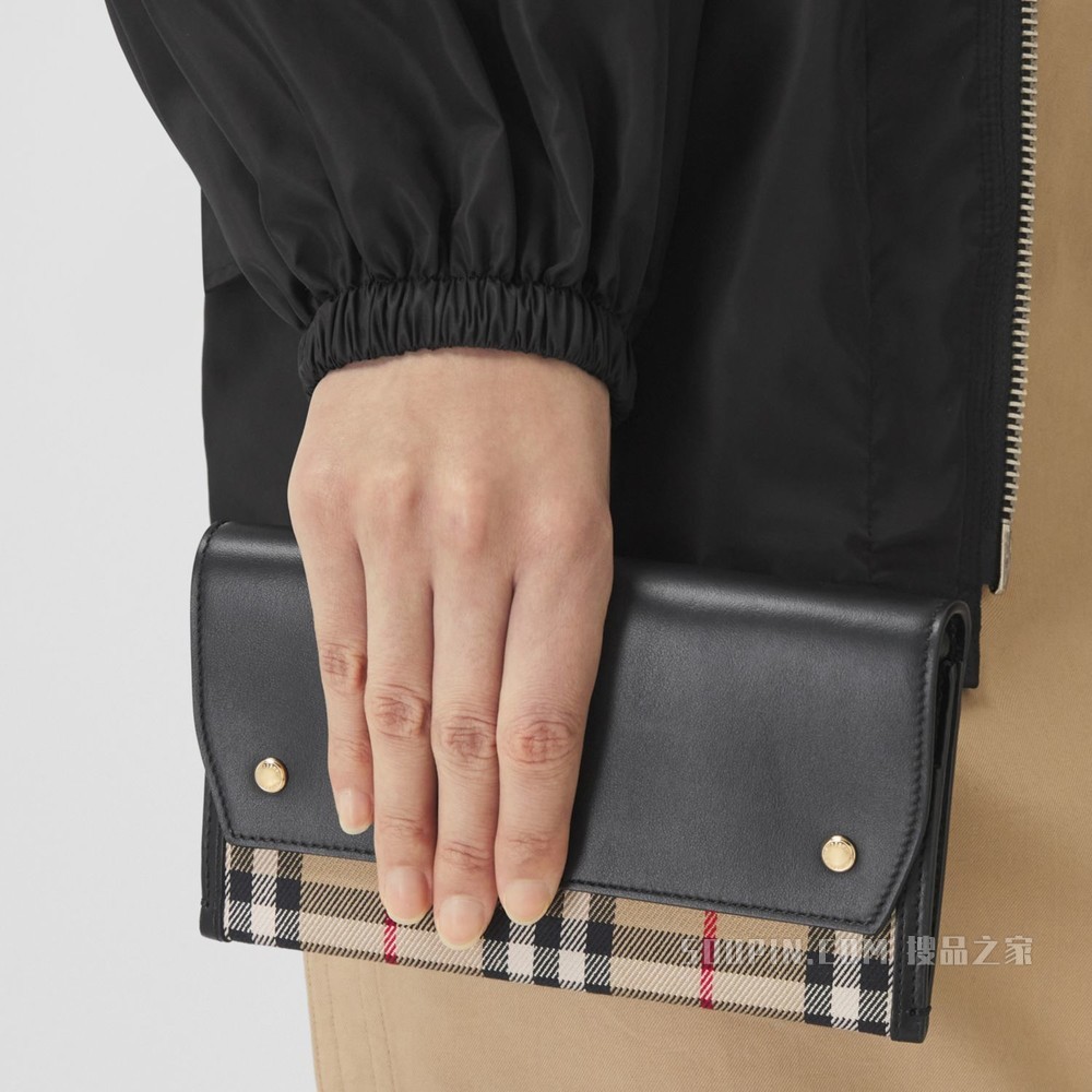 Vintage 格纹拼皮革手机保护套（含背带） (典藏米色) - 女士