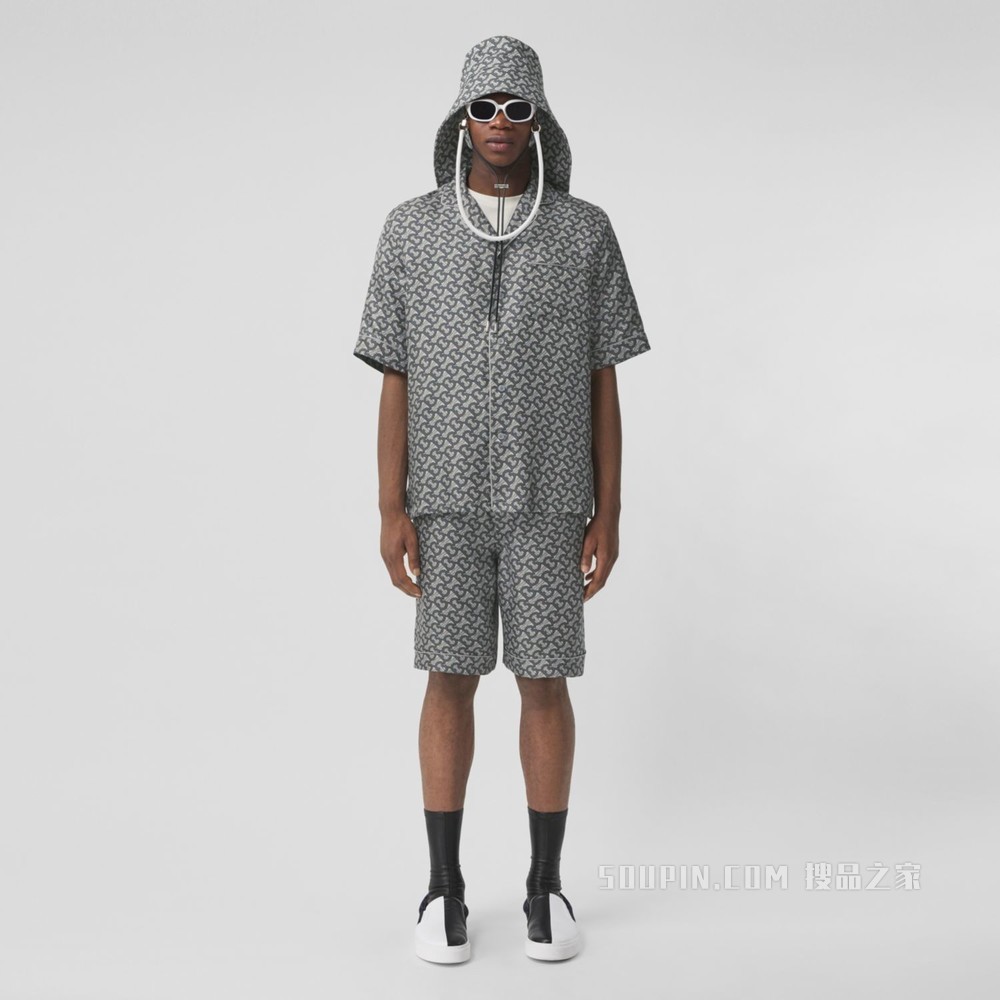 专属标识印花丝质短袖衬衫 (中灰色) - 男士