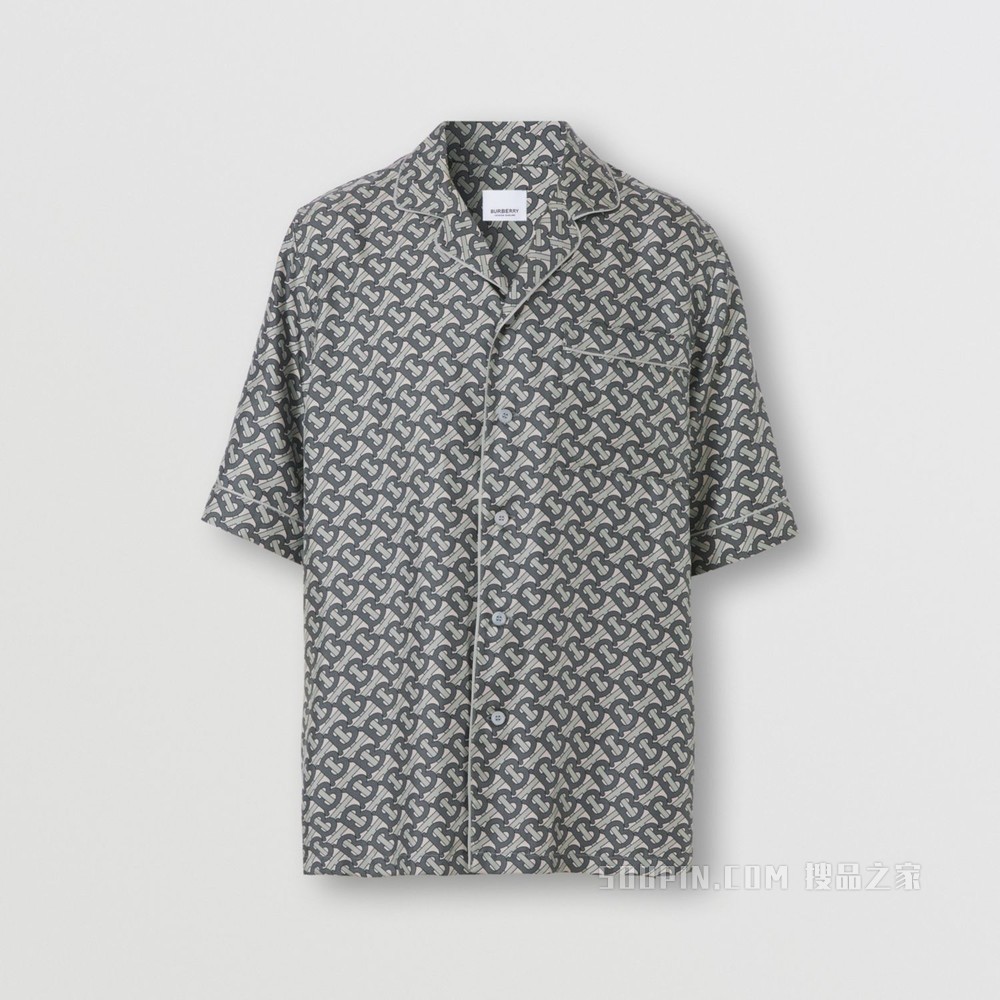 专属标识印花丝质短袖衬衫 (中灰色) - 男士