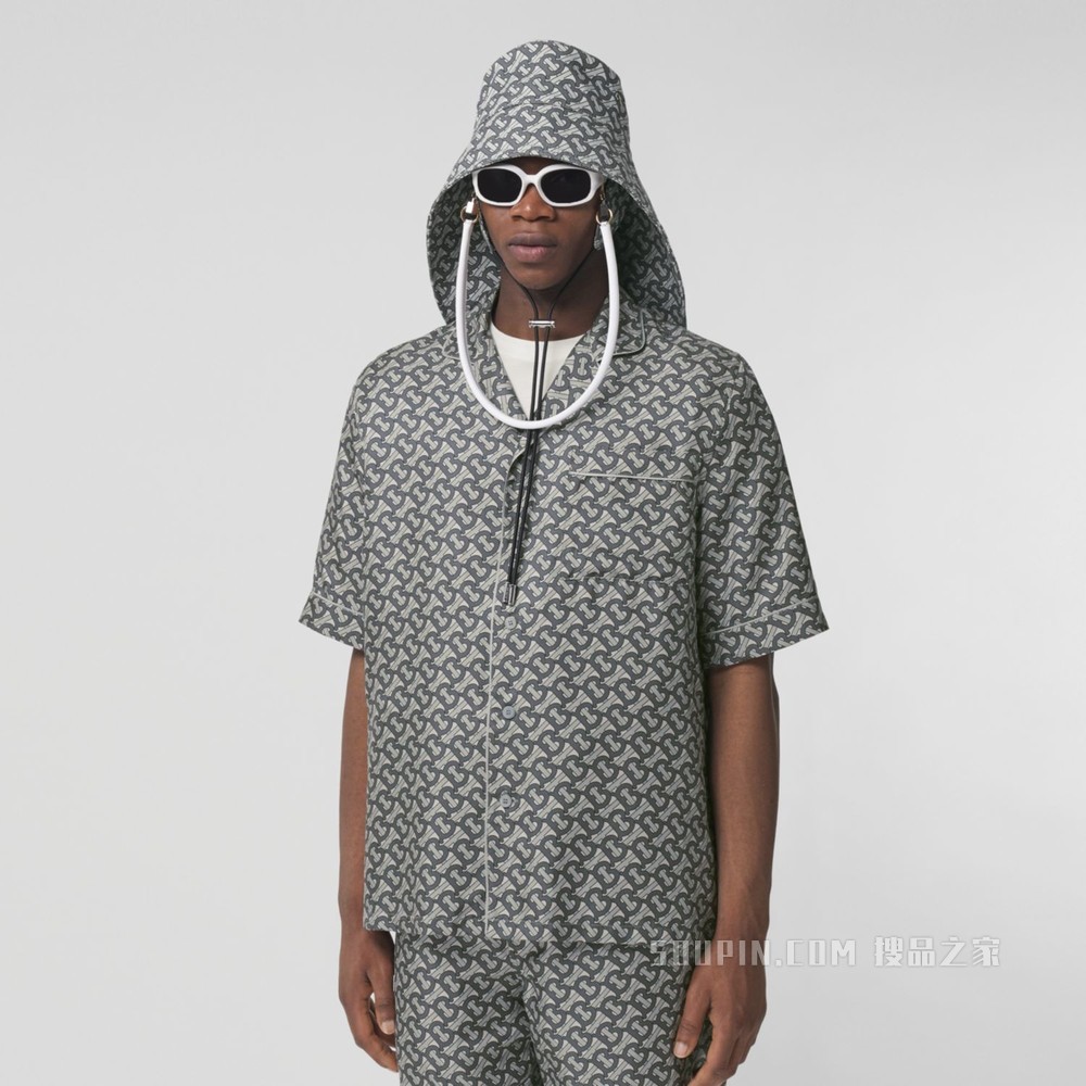 专属标识印花丝质短袖衬衫 (中灰色) - 男士