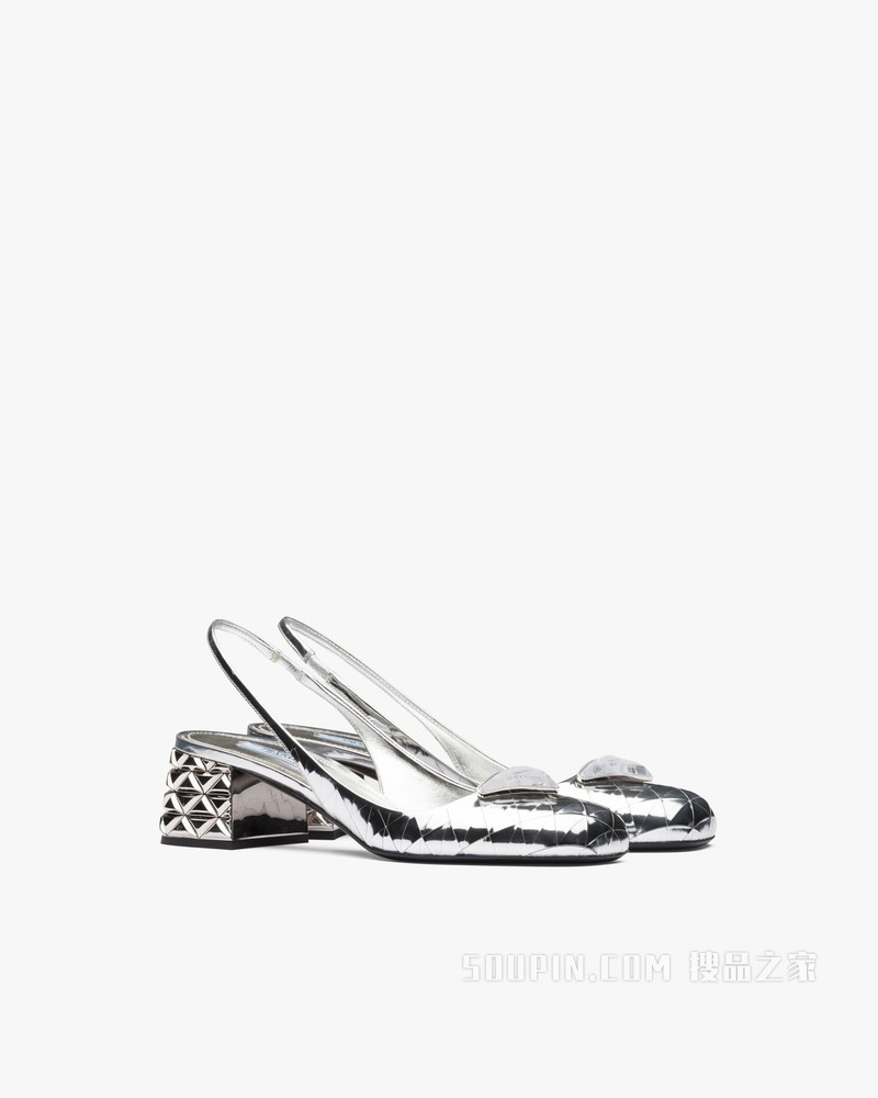 金属质感皮革后饰带高跟鞋