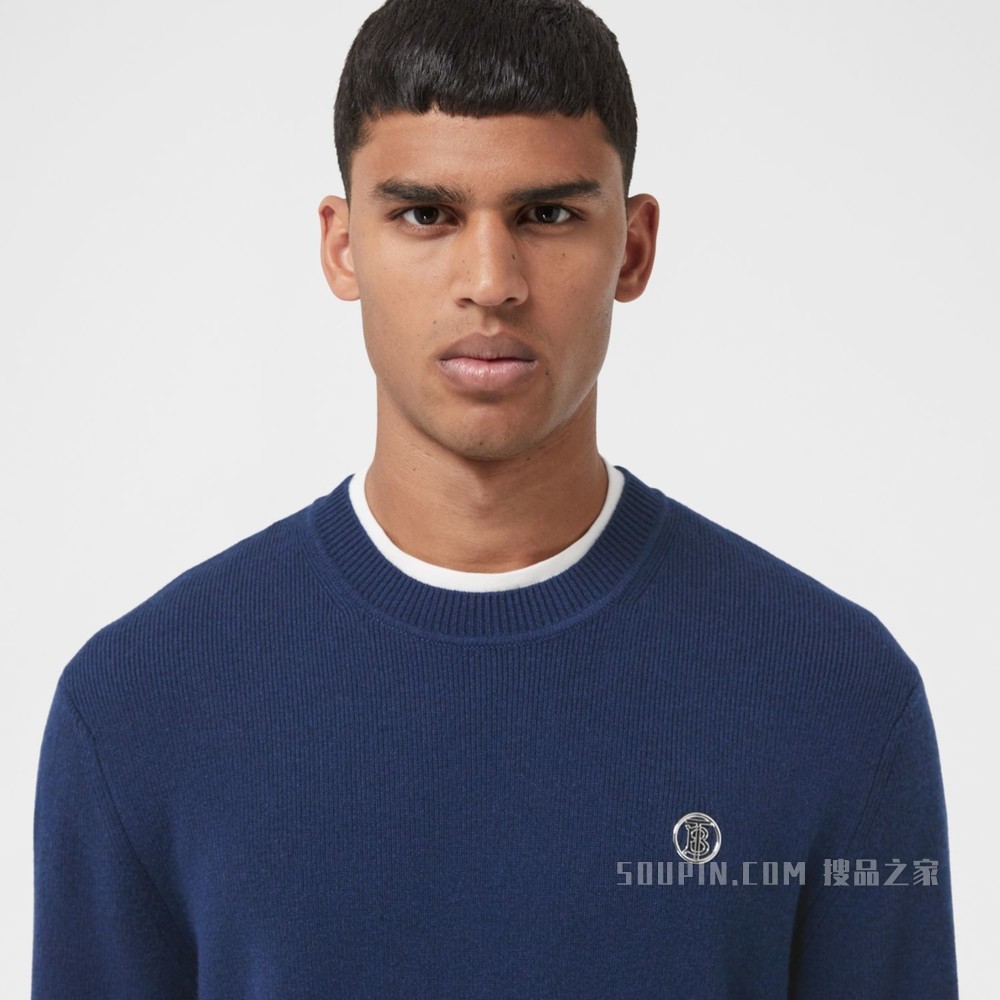 专属标识装饰图案羊绒棉质混纺针织衫 (墨蓝色) - 男士