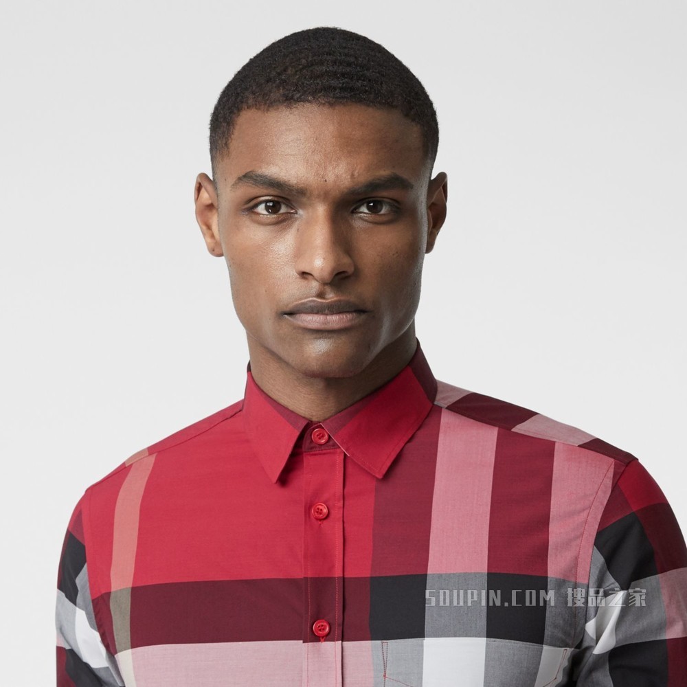 格纹弹力棉府绸衬衫 (缤纷红色) - 男士