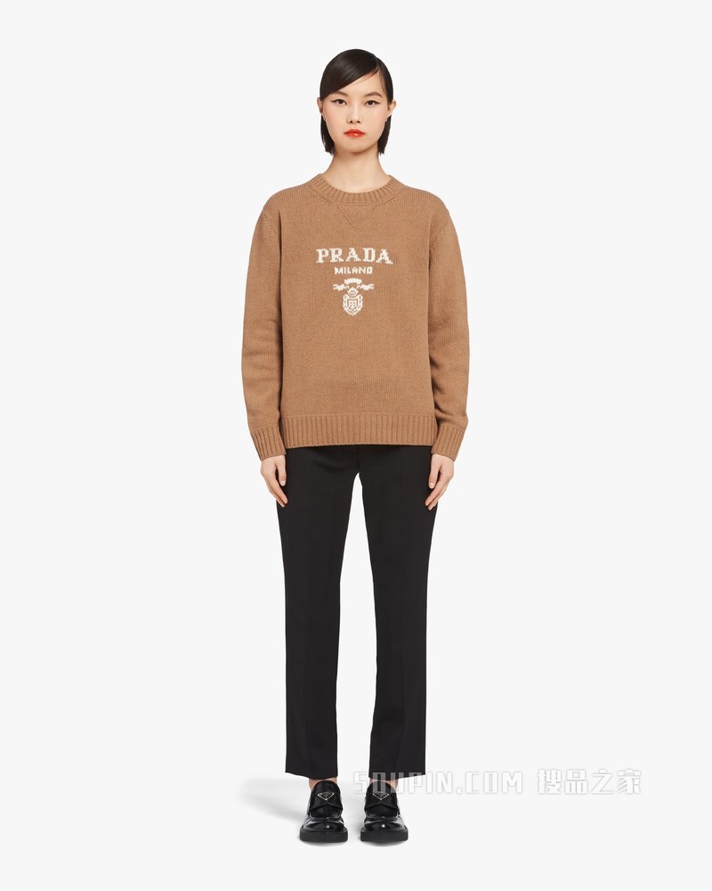 Prada 徽标装饰羊绒和羊毛圆领毛衣