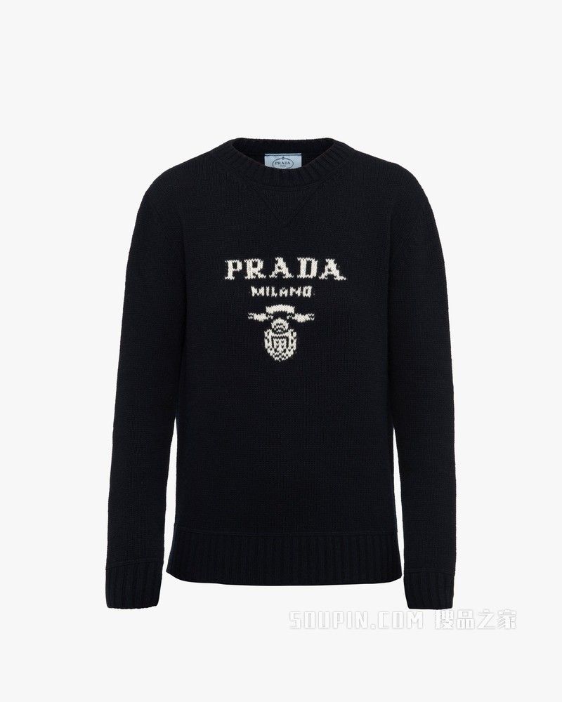 Prada 徽标装饰羊绒和羊毛圆领毛衣