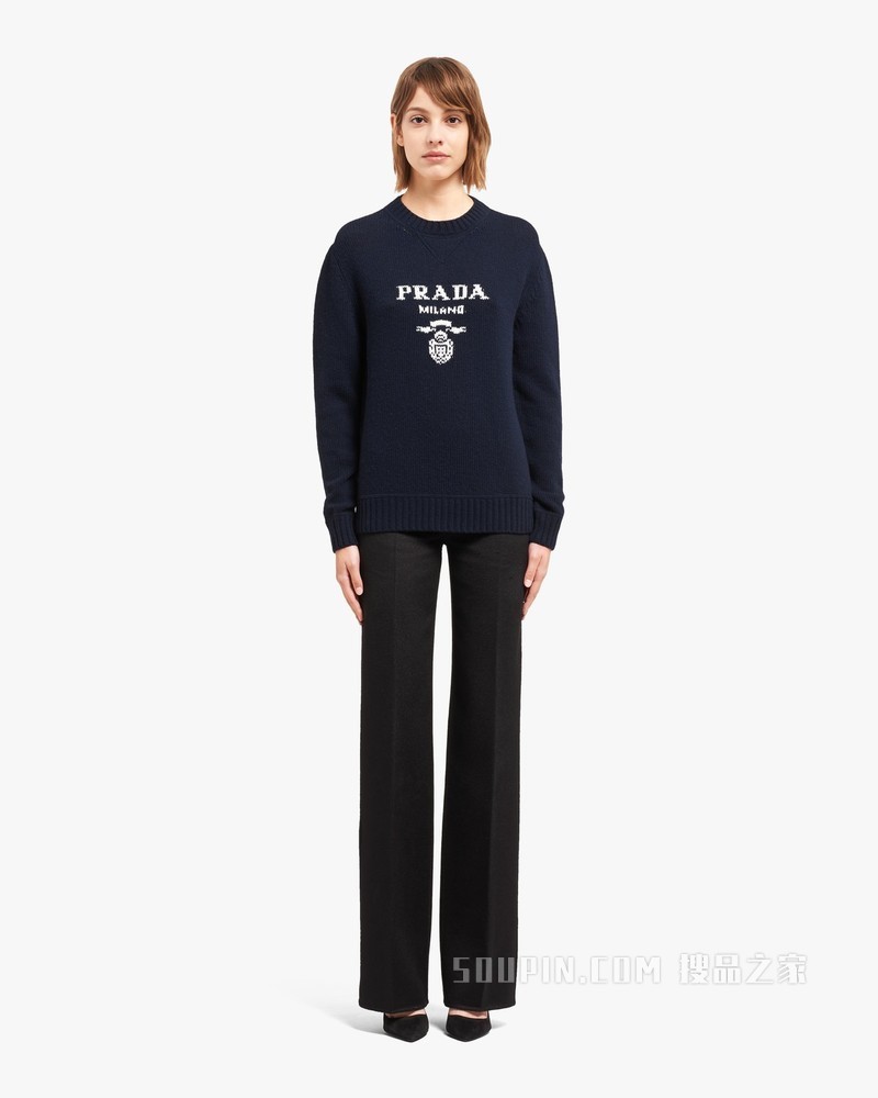 Prada 徽标装饰羊绒和羊毛圆领毛衣