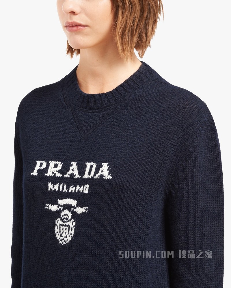 Prada 徽标装饰羊绒和羊毛圆领毛衣